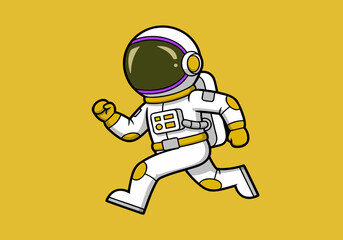 Running Astronaut in White Spacesuit with Yellow Accents on a Gold Background
