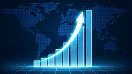 Growth bar chart with upward arrow and world map
