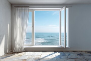 Fototapeta premium Empty room interior features an open window overlooking a vast ocean expanse under a clear sky