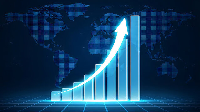 Growth bar chart with upward arrow and world map
