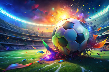 Vibrant Soccer Ball Explodes Into Colorful Celebration Across Stadium With Confetti And Lights

