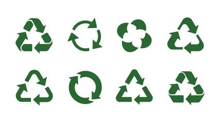 Obraz premium A collection of eight green recycling symbols in various shapes and orientations on a white background