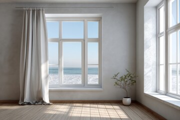Obraz premium Bright room interior features large windows overlooking a sunny ocean seascape