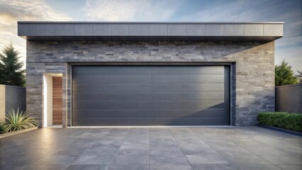 Fototapeta premium Modern Architectural Design of a Garage with Stone Facade and Gray Pavers