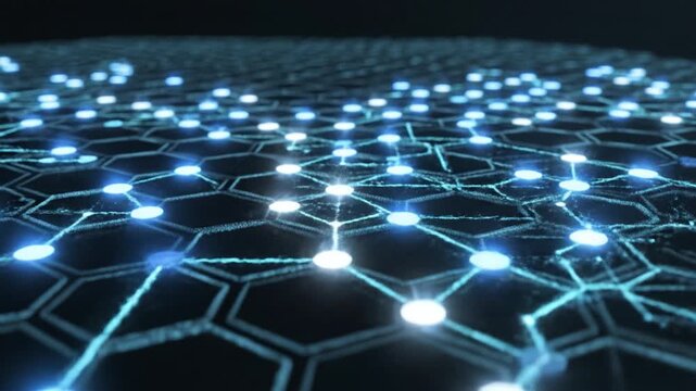 Glowing blue network nodes connected by hexagonal grid lines on dark surface create futuristic digital communication and technology with abstract data connection and glowing hexagon patterns