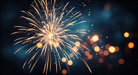 Golden fireworks burst in the night sky with glowing lights, perfect for celebrating Christmas and New Year festivities.