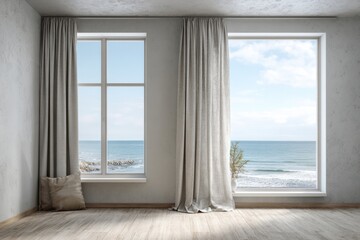 Fototapeta premium Interior room with textured walls overlooks ocean vista through two large windows