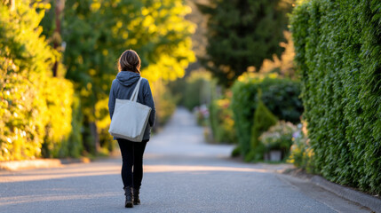 Person walking alone on a quiet suburban street surrounded by lush green trees and bushes during golden hour light