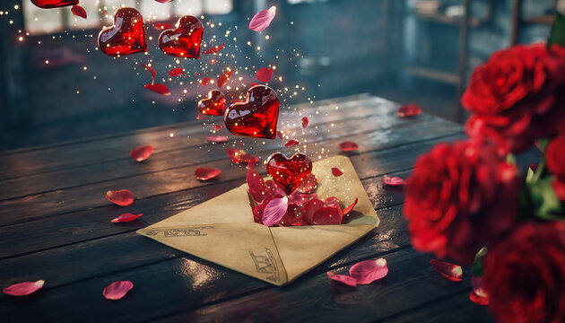 Love Letter with Hearts and Rose Petals envelope