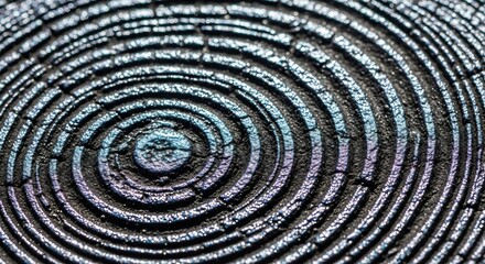 Fototapeta premium Macro shot of a dark granular surface with shimmering iridescent blue and purple concentric circular ridges