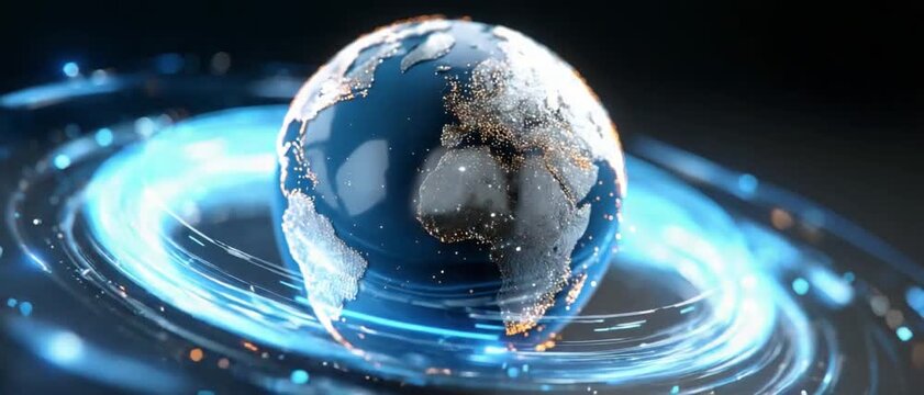 Global Interconnection: A mesmerizing view of planet earth, with glowing streams of data encircling it, symbolizes the interconnectedness and flow of information across the globe.