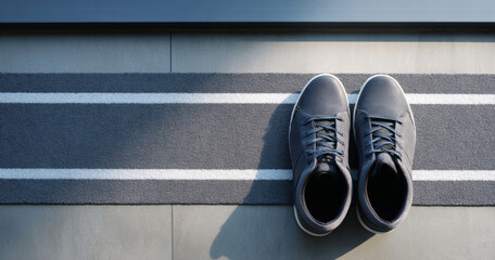 Pair of gray casual shoes placed neatly on a striped gray doormat on tiled floor with natural light and shadow