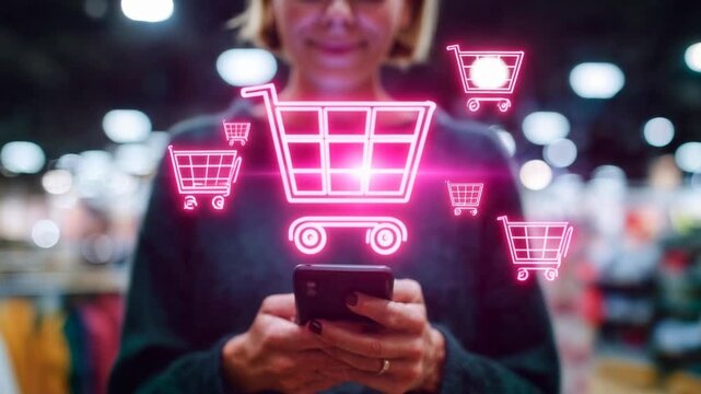 A woman shops with digital icons hovering above her phone illustrating ecommerce retail innovation online shopping convenience and modern consumer behavior creating a compelling scene suitable for com