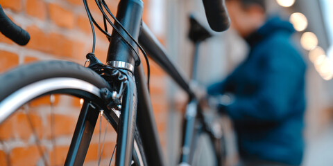 Close-up of a black bicycle front wheel and brake system with blurred person in blue jacket in urban outdoor setting