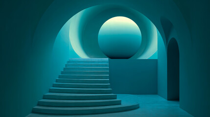A spiral staircase with white steps and turquoise walls leads to an ombre blue sphere in the center, creating a surreal effect.