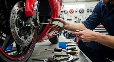 Professional mechanic working on a motorcycle brake system, replacing pads in a busy repair shop