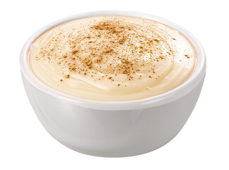 tigela com mingau cremoso com canela em pó isolado em fundo transparente