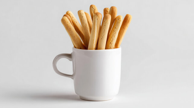 Sticks of crispy bread are arranged in a white ceramic cup, showcasing a delightful snack presentation with a clean and minimalistic background for culinary inspiration