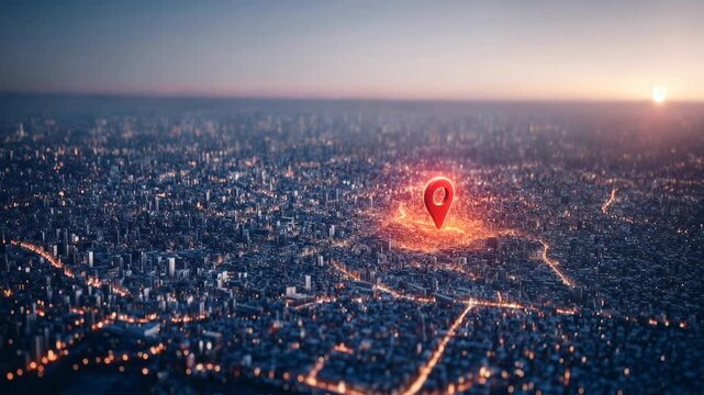 A glowing city map highlights a precise location marker symbolizing navigation geotargeting urban technology connectivity and smart city infrastructure creating a compelling scene suitable for commerc