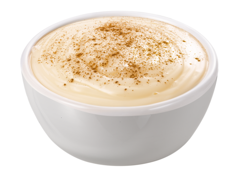 tigela com mingau cremoso com canela em pó isolado em fundo transparente