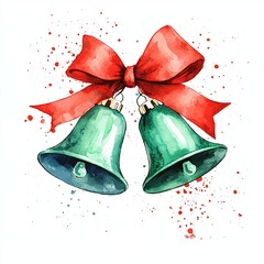 stylish christmas bells with red bow watercolor illustration, clipart white background