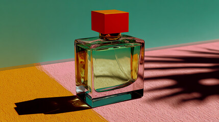 A square glass perfume bottle with an orange cap. On top of the cap is a red geometric shape. The background color is a light green and pink pastel blend.