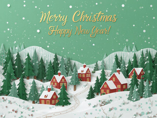 Green Merry Christmas and Happy New Year greeting card with snowy winter landscape, cozy houses, and pine trees