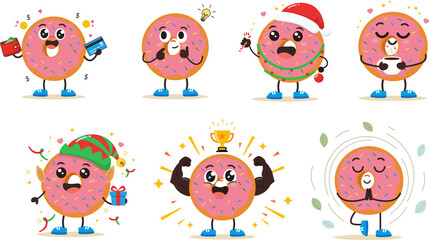 A set of cute pink donut characters with positive and expressive emotions. 
