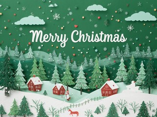 Green Merry Christmas and Happy New Year greeting card with snowy winter landscape, cozy houses, and pine trees
