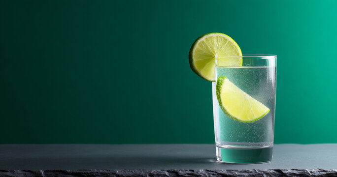 Glass of sparkling water with lime slices on rim and inside against green background on dark surface
