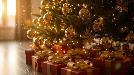 A festive Christmas morning scene with a glowing, decorated tree surrounded by beautifully wrapped red and gold presents