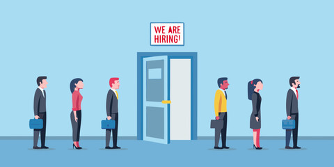 Diverse group of professionals queuing for job opportunities with a hiring sign