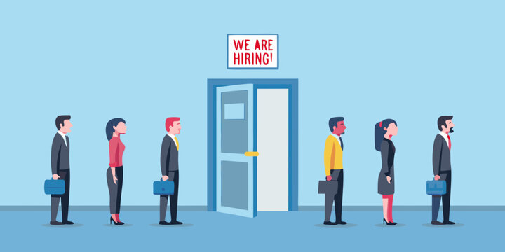 Diverse group of professionals queuing for job opportunities with a hiring sign