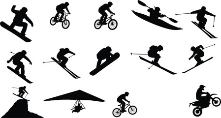 Naklejka premium Extreme Sports Silhouette Vector Set - Snowboarding, Skiing, Biking, Kayaking, and Hang Gliding Action Icons for Adventure Design