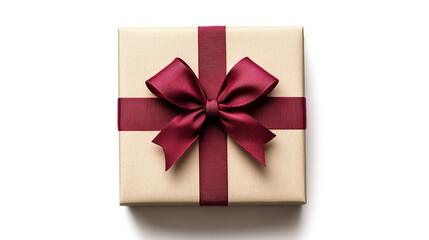 elegant gift box with a burgundy ribbon, isolated on a white background, top view, valentine's day present wrapped in paper with a bow.