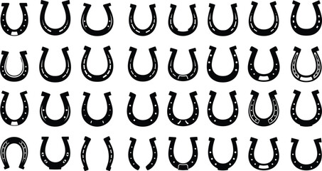 Horseshoe silhouette vector set. Collection of various horse shoe designs, lucky charm symbols, and metal farrier equipment icons for luck.