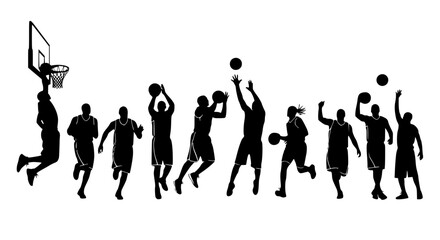 Obraz premium Silhouettes of basketball players vector. Vector illustration of basketball player silhouettes in action, transparent background SVG version.