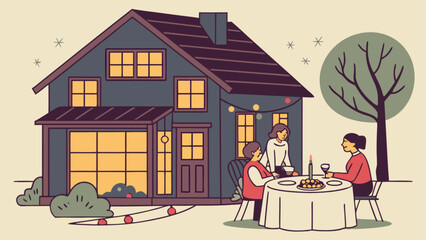 Warm evening outdoor dinner illustration of a modern house with family and friends enjoying a celebratory meal under string lights and a starry sky, evoking togetherness.
