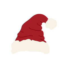 Santa hat with white trim. Classic red Christmas hat with a pom-pom. Flat vector illustration on a white background.
