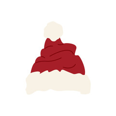 Santa hat with white trim. Classic red Christmas hat with a pom-pom. Flat vector illustration on a white background.