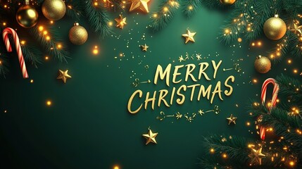 christmas background with golden text "merry christmas" on a dark green color with christmas decorations, stars, candy canes, banner design for a greeting card or social media post template