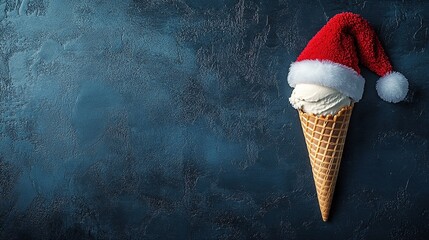 ice cream in a cone with a santa hat on a dark blue background, with copy space for a christmas or new year's celebration concept. 