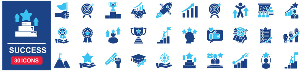 Success set of web icons in Blue style Flat. vector illustration concept relate to purpose, target, goal, competition, strategy, man, hand, symbol, quality 