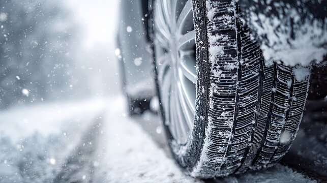 Close-up of a car tire in the snow, concept of changing rubber and tires from summer to winter