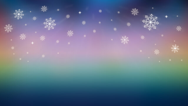 Christmas background with gradient northern lights, pink, purple, blue, green and snowflakes.