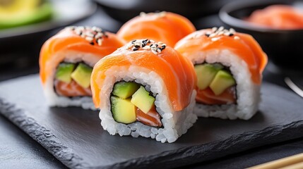 Closeup of sushi rolls avocado and salmon on slate plate surrounded by minimalist tableware for elegant dining feel