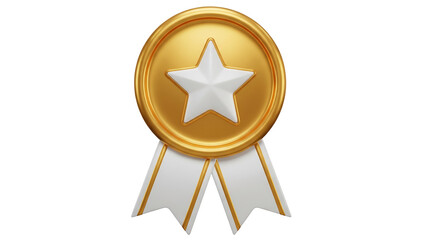 3D rendering of a gold medal or rosette badge with a white star and ribbon, isolated on a white background, symbolizing quality and achievement