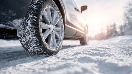 Close-up of a car tire in the snow, concept of changing rubber and tires from summer to winter