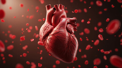 Detailed 3D render of a human heart surrounded by floating red blood cells, a medical concept image for cardiology and health