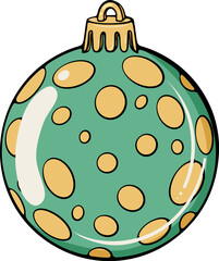 Green Christmas tree ball decorated with a gold circle pattern. For New Year decor, greeting card, winter design. Simple vector color illustration with outline in hand drawn style isolated on white